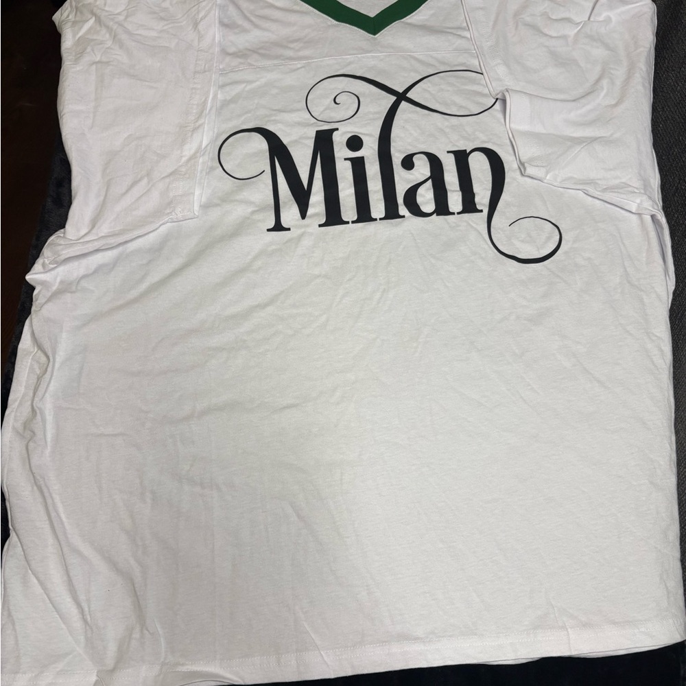 Fashion Nova White V-Neck Milan Graphic Tee with Green Trim